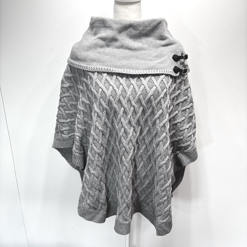 Calvin Klein Gray Sweater Cape Poncho Wrap Diamond Knit Buckle Strap Detail Boho